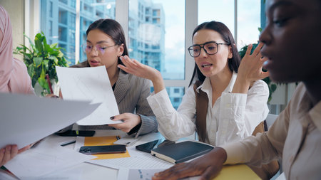 Business meeting chaos stress discussion multiethnic women stressed angry females group girls...