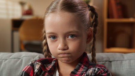 Portrait at home serious sad upset frustrated offended lonely Caucasian little girl female daughter...