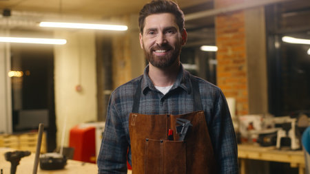 Joyful happy Caucasian worker man builder guy carpenter male looking at camera portrait indoors...