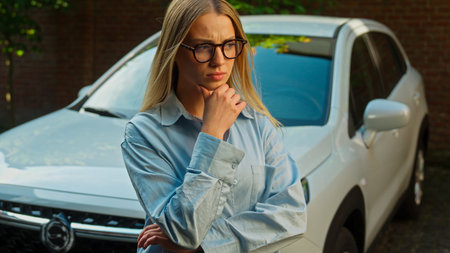 Thoughtful Caucasian woman female girl car automobile transport driver thinking reflections...