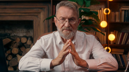 Confident successful old Caucasian man male mature takes off glasses looking at camera folded hands...