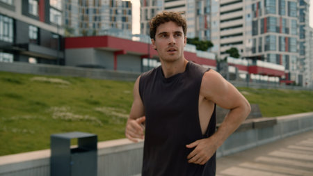 Caucasian European young man running runner male guy athlete sport city motivated jog outdoors...