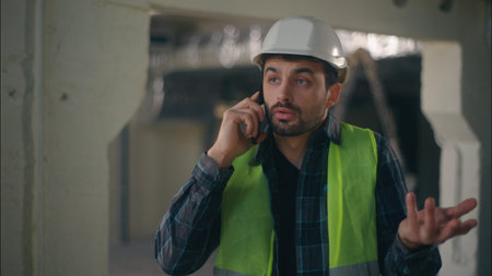 Irritated Caucasian man builder speaking call mobile phone quarrel in construction foreman...