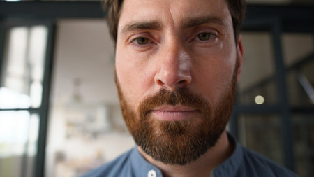 Confident Caucasian adult man face close up parent portrait looking at camera alone at home...