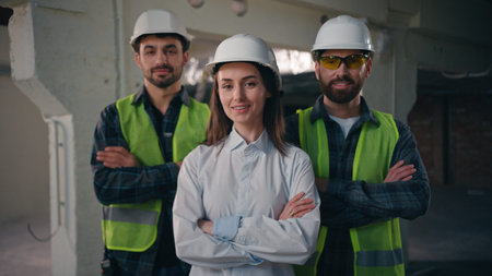 Confident glad Caucasian workers males architects builders men team coworkers controller woman...