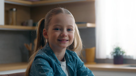 Close up laughing emotional carefree positive happy family Caucasian cute smiling girl at home...