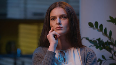 Thoughtful woman alone at home sad Caucasian girl disappointed upset shame depressed mental health...