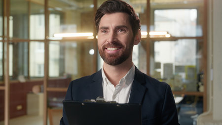 Business man Caucasian thoughtful male businessman reading document contract in office bank employee...