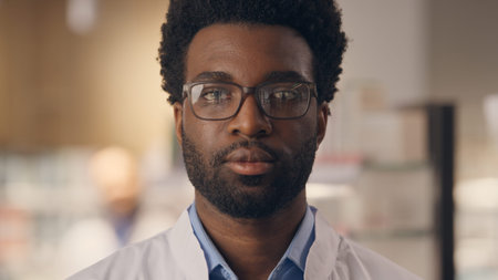 Happy doctor African American man smiling health insurance medicine pharmacy professional medical...