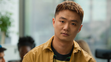 Portrait serious Asian informal business man Korean male worker Chinese guy Japanese startup founder...