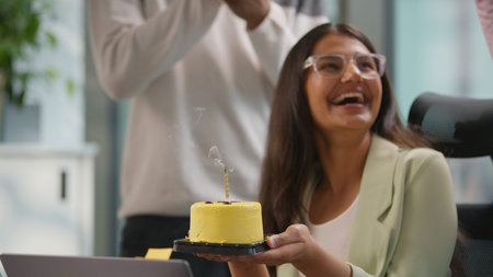 Happy birthday surprise at office amazed shock Indian businesswoman female woman employee get cake...
