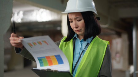 Nervous Asian Korean Japanese woman builder checking documents problem mistake building plan project...