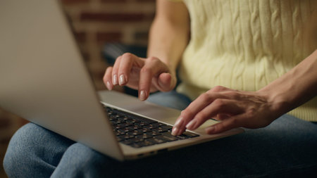 Unknown Caucasian business woman using laptop hands typing businesswoman working computer device...