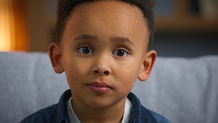 Portrait cute African American child boy looking at camera ethnic boy son baby toddler kid look at home gaze pretty serious facial expression family childcare childish headshot indoorsの写真素材