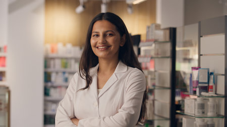 Indian woman pharmacist doctor in medical coat portrait in pharmacy female intern pharmacology medicine health care drugstore saleswoman smiling ethnic girl caregiver physician posing crossed handsの写真素材