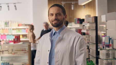 Caucasian man pharmacist wear lab coat portrait professional health care worker pharmacy assistance advice medication in drugstore insurance male doctor guy smiling showcase with medicine backgroundの写真素材