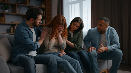Depressed woman talking crying feeling trouble worry four friends support multiracial people men women together supporting group psychological therapy at home party diverse buddies communicate adviceの写真素材