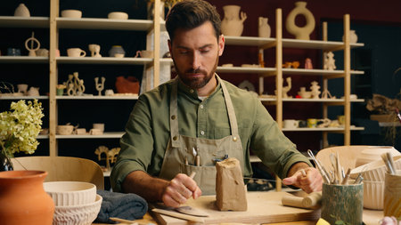 Professional Caucasian male man guy ceramist businessman small business owner artist sculptor potter cutting string clay piece material tool sculpt pottery ceramic shaping artwork art inside workshopの写真素材