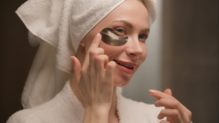 Beautiful young woman girl applying cooling hydrogel eye patches skincare bath Caucasian female model wearing bath towel bathrobe beauty routine cosmetic procedures facial treatment at home bathroomの写真素材
