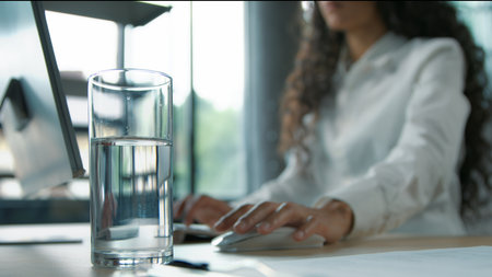 Close up glass of still water standing on table in business office blurred view unrecognizable woman businesswoman female girl worker working with computer internet typing chatting online aqua balanceの写真素材