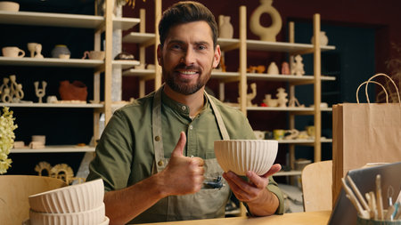 Happy cheerful Caucasian man male businessman guy small business owner entrepreneur examining ceramic porcelain bowl pottery quality looking at camera showing thumb up gesture smiling inside workshopの写真素材