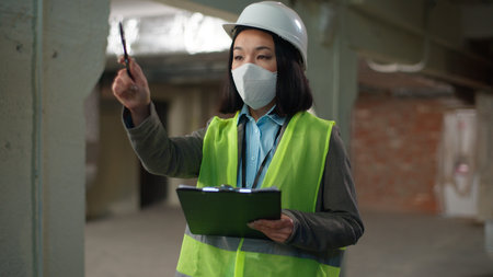 Asian Japanese woman builder in safety mask hold tablet pointing counting checking building plan businesswoman Korean Chinese contractor business female girl architect engineer document constructionの写真素材