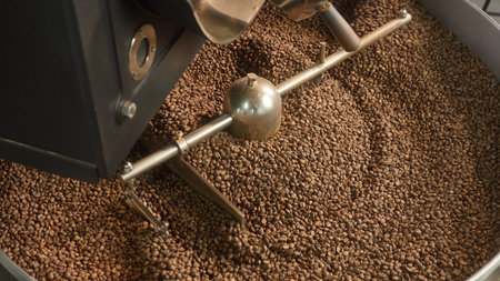 Fresh roasted coffee beans cooling in large industrial mixer machine roaster blend at modern factory...