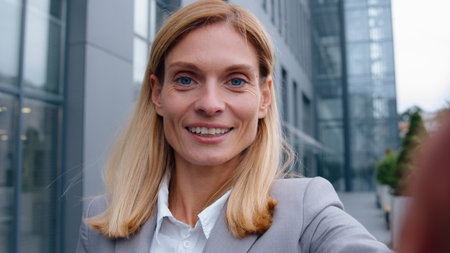 Close-up view from webcam Caucasian middle-aged business woman talking video call businesswoman in downtown talk conference positive female recording distant chat waving hello using phone smartphoneの写真素材