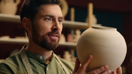 Happy laughing Caucasian man male guy small business owner craftsman potter businessman adoring admiring handmade vase kiss pot kissing pottery ceramics selling crockery earthenware indoors workshopの写真素材