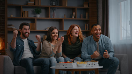 Happy four multiethnic friends supporting television sport team win champions applauding cheering men women at home party watching tv football fans spectators soccer game celebrating yelling togetherの写真素材