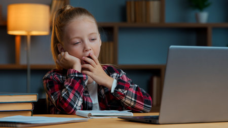 Sleepy Caucasian girl child kid daughter yawning studying online at home feeling tired yawn exhausted e-learning course sleepy watching virtual lesson learn study with internet bored at night eveningの写真素材