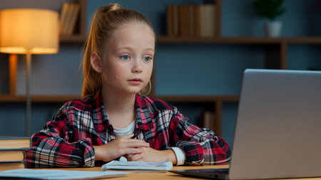 Serious Caucasian kid child girl talking video call with laptop in evening home daughter school pupil studying online distant talk communicate with teacher in conference web class remote educationの写真素材