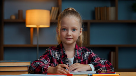 Creative caucasian little girl kid daughter child drawing with color pencils draw picture at evening home pupil sitting at table in children room enjoying art hobby studying create domestic educationの写真素材