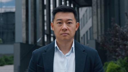 Portrait serious calm Asian business man Korean businessman Chinese Japanese middle-aged specialist professional employer manager worker entrepreneur building investor looking at camera posing in cityの写真素材