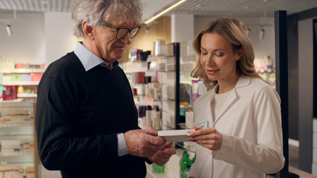 Old senior man customer buying cardiac pills in pharmacy medical help woman doctor caregiver pharmacist consult patient medicine vitamins drugs heart disease health care professional recommendationの写真素材