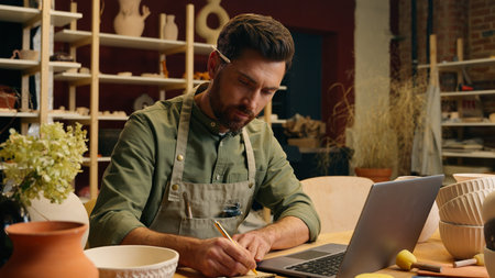 Caucasian salesman seller potter male man guy businessman artist small business owner examining bowl clay ceramic writing notes working new design laptop computer device inside pottery workshop storeの写真素材