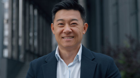 Joyful Asian businessman ethnic business man smiling at camera in city male Korean employer Chinese...