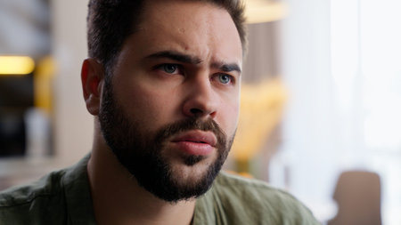 Dreaming adult pondering business man bearded male guy client businessman homeowner looking distance...