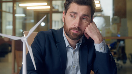 Frustrated sad Caucasian businessman man male engineer ecology project windmills typing laptop...