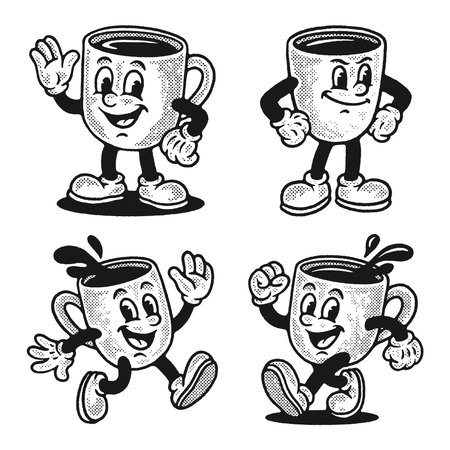 Vintage Coffee Mug Cartoon Character Setのイラスト素材