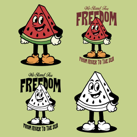 Retro Watermelon Freedom Mascot, Vintage Fruit Character with Activist Message, Cartoon Style Vectorのイラスト素材