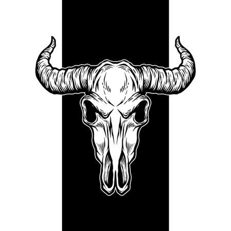 Bull Skull Vector Illustration, Vintage Horned Animal Skull Line Art for Western, Tattoo, and Rustic Designのイラスト素材