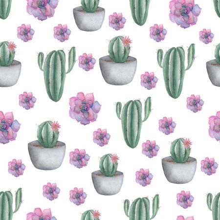 Seamless pattern with cactus  in pot and purple succulents. Hand drawn illustration in trendy cute cartoon style.Mexican style background perfect for fabric textile and wrapping paper.の写真素材