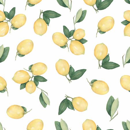 Seamless watercolor pattern with citrus fruit lemons on a branch with green leaves isolated on white background. For design, print, textile,etc.Hand drawn watercolor illustration.の写真素材