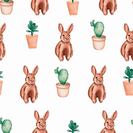 Seamless pattern with watercolor brown rabbits,  and cactus flowers in the pots, hand drawn isolated on a white background.の写真素材