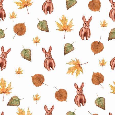 Seamless pattern with watercolor brown rabbits, floral leaves elements, hand drawn isolated on a white background.Cute background for your design.の写真素材