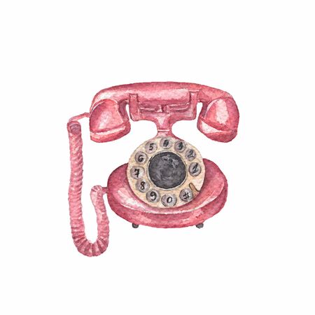 Vintage pink telephone. Hand drawn watercolor illustration.Old fashioned phone style.の写真素材