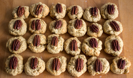Home made cookies with pecan on wooden table. Healthy eating concept.の写真素材