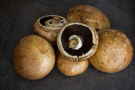 Fresh champignon mushrooms (Agaricus bisporus)  on dark grey table. Close up vegetables photo.
