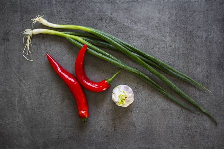Green onion, red pepper and garlic on dark grey table. Fresh vegetables and spices top view photo.の写真素材